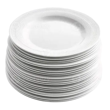 a stack of white plates on a white background