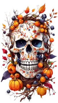 a skull surrounded by autumn leaves and pumpkins