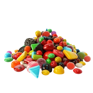 a pile of colorful candis on white background