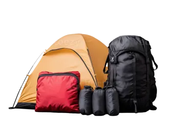 two backpacks and a tent on a white background