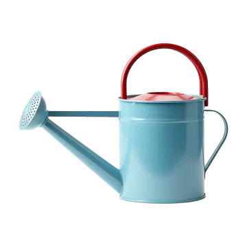 a blue watering can with a red handle