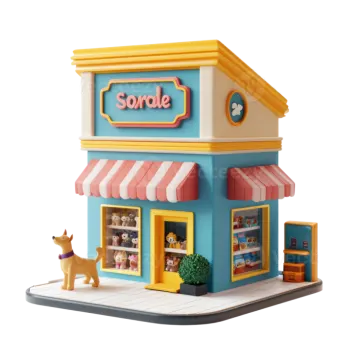 a small toy store with a dog outside