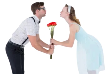 a man giving a flower to a woman