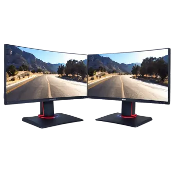two monitors on a white background with mountains in the background