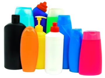 a group of different colored plastic bottles