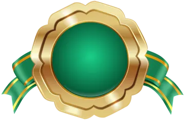 a gold medal with green ribbon