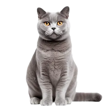 a grey cat sitting down and looking at the camera