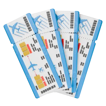 three blue and white luggage tags on a white background