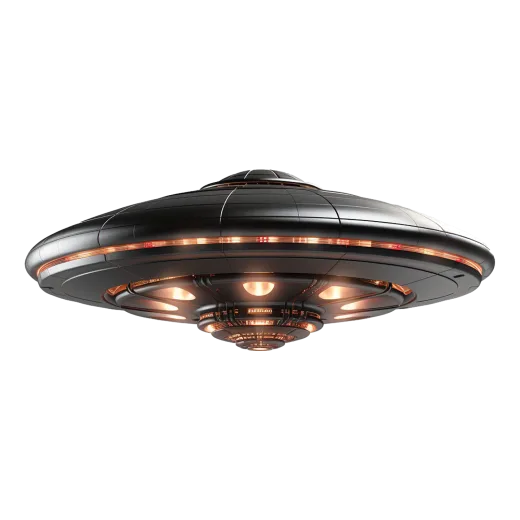 a black and red spaceship flying over a white background