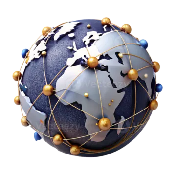 a blue and white globe with gold spheres around it