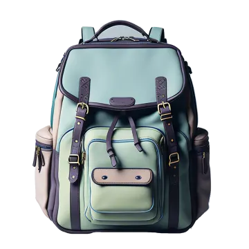 a blue and green backpack on a white background