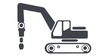 a black and white icon of a digger truck