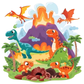 a group of dinosaurs in front of a volcano