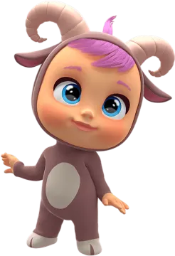 a cartoon character with purple hair and blue eyes