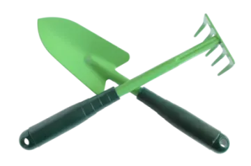 a green garden tool with a black handle