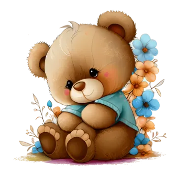 a teddy bear sitting on the ground with flowers