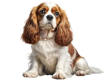 a brown and white dog sitting on the ground