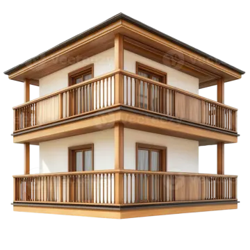 a two story house with balconys and bales