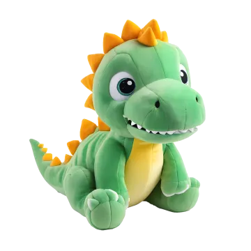 a green stuffed dragon sitting on a white background