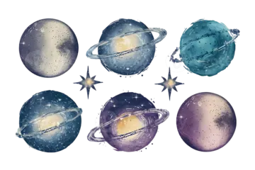 a set of watercolor planets and stars