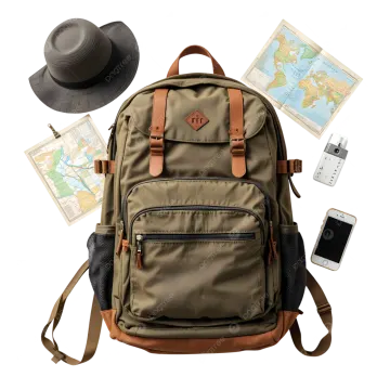 a backpack with a map, hat and cell phone