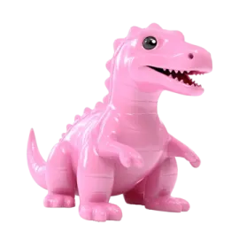 a pink dinosaur toy sitting on a white background