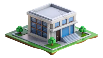 a small house with trees and bushes on the ground