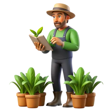 a man with a tablet and potted plants