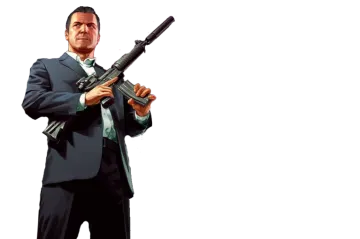 a man in a suit holding a gun