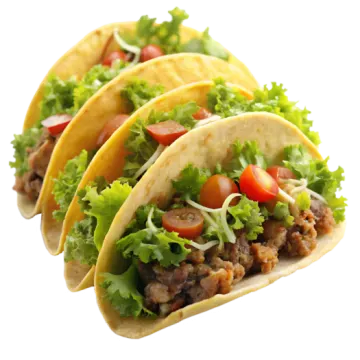 a close up of three taco toros on a white background