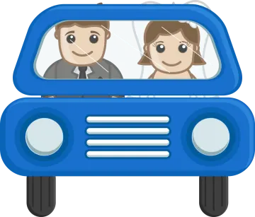 a man and woman in a blue car