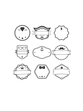 a set of black and white badges with different shapes