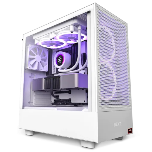 a white desktop computer case with purple leds