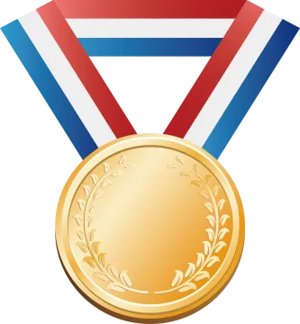 a gold medal with red, white and blue ribbons