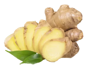 a bunch of sliced ginger with green leaves