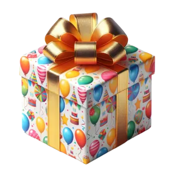a gift box with balloons and gold ribbon