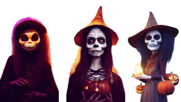 three women in halloween costumes holding pumpkins