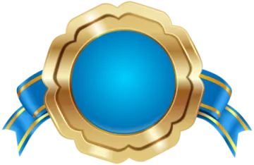 a gold medal with a blue ribbon around it