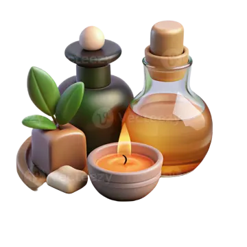 a bottle of oil and some soaps on a wooden plate