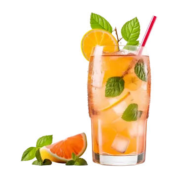 a glass filled with ice and orange slices