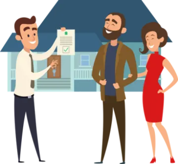a man and woman standing in front of a house