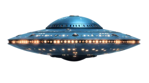 a blue flying object with lights on it