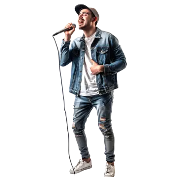 a young man singing into a microphone on a white background
