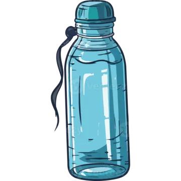 a blue water bottle with a black ribbon around it