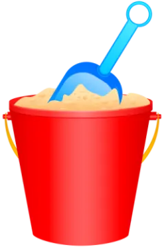 a red bucket with a shovel in it