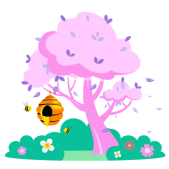 a bee flying near a tree with flowers