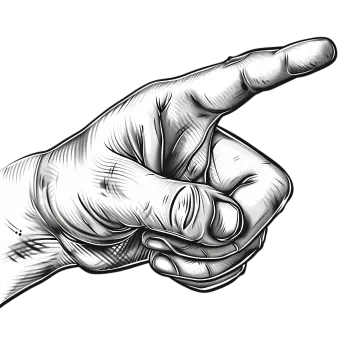 a black and white drawing of a hand pointing at the viewer