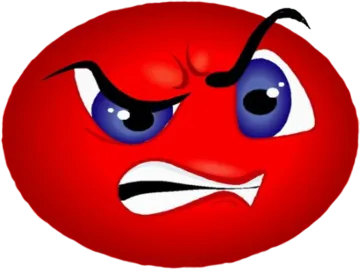 a red ball with blue eyes and an angry expression