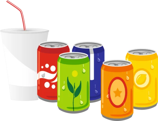 a group of cans of sodas with a straw and a plastic cup