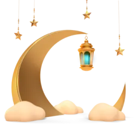 a crescent with a lantern and stars hanging from it
